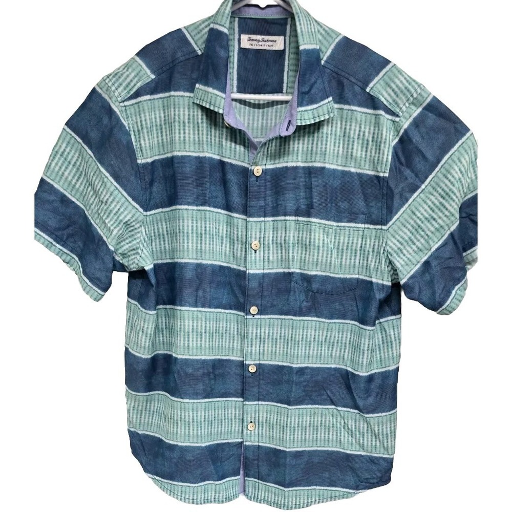 Tommy Bahama Mens Coconut Point Shirt Blue Green Striped Tencel Cool Max Large